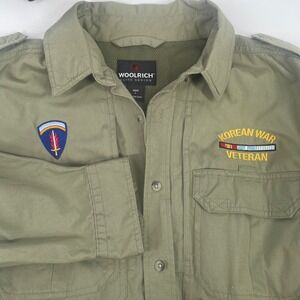 Woolrich Elite Utility Shirt Mens L Green Korean War Veteran SHAEF Patches